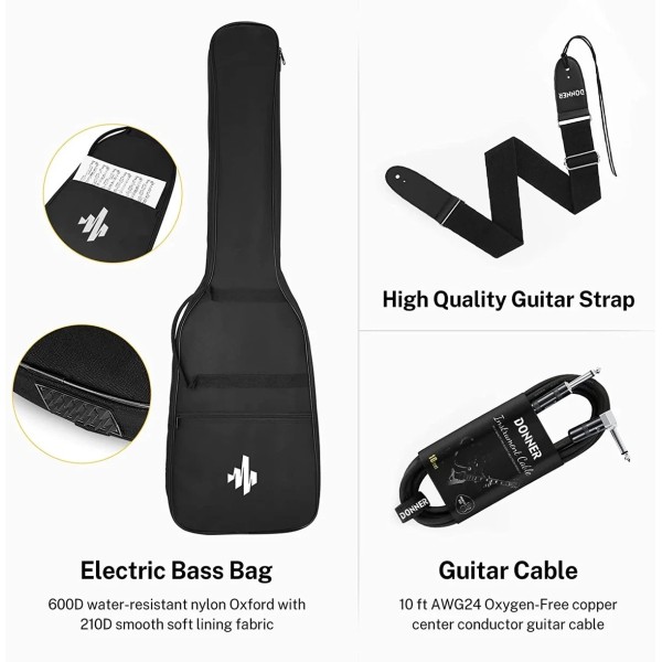 Бас-гітара з чохлом та аксесуарами Donner Music DPB-510 Electric Bass Guitar Black EC1228 Бас-гітара з чохлом та аксесуарами Donner Music DPB-510 Electric Bass Guitar Black EC1228