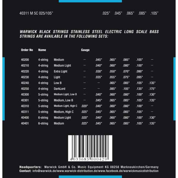 Струни для бас-гітари WARWICK 40311 BLACK LABEL M5С (25-105)