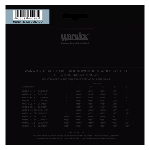 Струни для бас-гітари WARWICK 40310 BLACK LABEL ML5С (20-100)