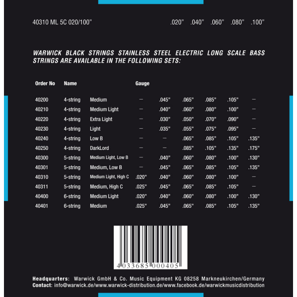 Струни для бас-гітари WARWICK 40310 BLACK LABEL ML5С (20-100)