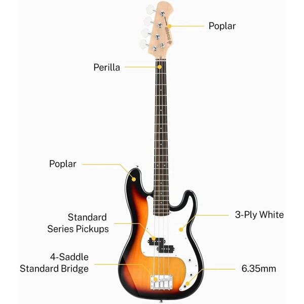 Бас-гітара з чохлом та аксесуарами Donner Music DPB-510 Electric Bass Guitar Sunburst EC1227