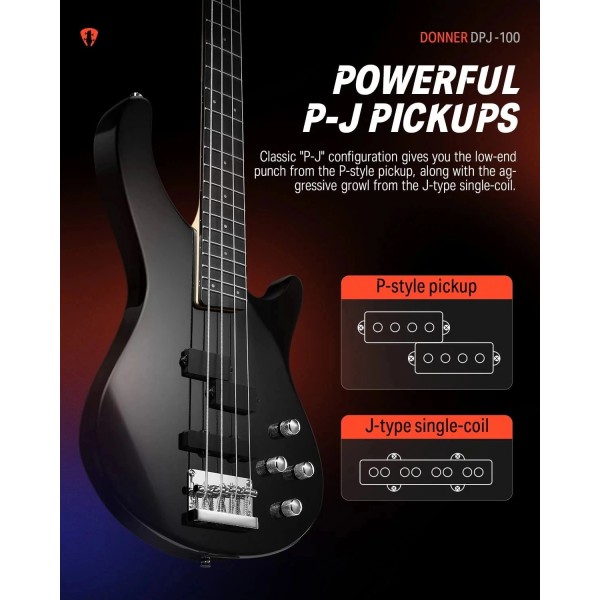 Бас-гітара з чохлом та аксесуарами Donner Music DPJ-100 Electric Bass Guitar Black EC1386 Бас-гітара з чохлом та аксесуарами Donner Music DPJ-100 Electric Bass Guitar Black EC1386