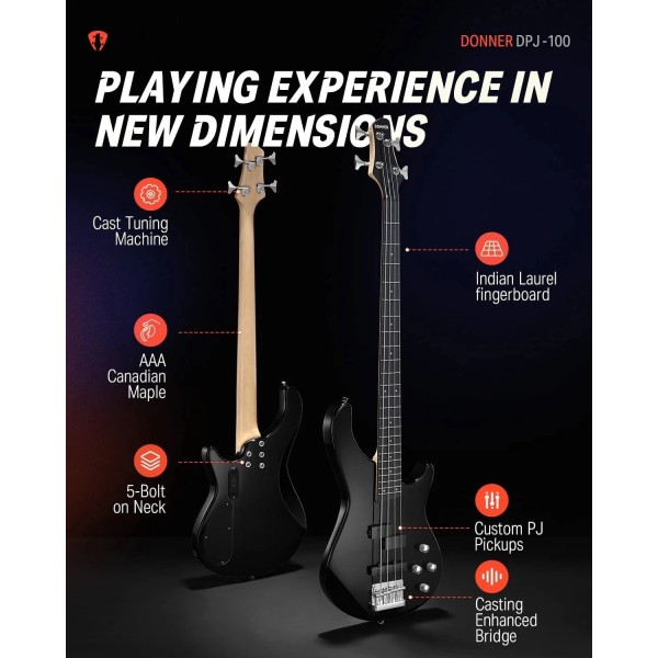 Бас-гітара з чохлом та аксесуарами Donner Music DPJ-100 Electric Bass Guitar Black EC1386 Бас-гітара з чохлом та аксесуарами Donner Music DPJ-100 Electric Bass Guitar Black EC1386