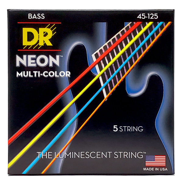 Струни для бас-гітари DR Strings NEON Multi-Color Bass – Medium – 5 String (45-125) з покриттям K3™