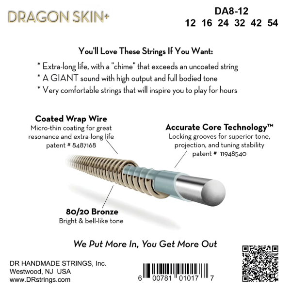 Набір струн для акустичної гітари DR Strings DRAGON SKIN+ Acoustic Phosphor Bronze - Light (12-54)