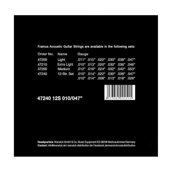 Комплект 12 струн з фосфористої бронзи для акустичної гітари FRAMUS 47240 PHOSPHOR BRONZE LIGHT 12ST