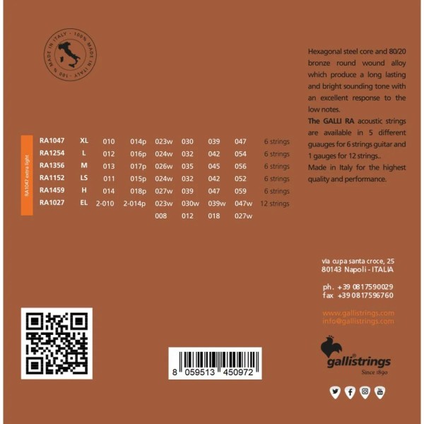 Струни для акустичної гітари Gallistrings RA1047 EXTRA LIGHT