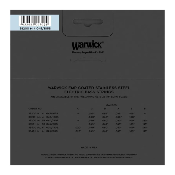 Струни для бас-гітари WARWICK 38200 EMP Medium 4-String (45-105)