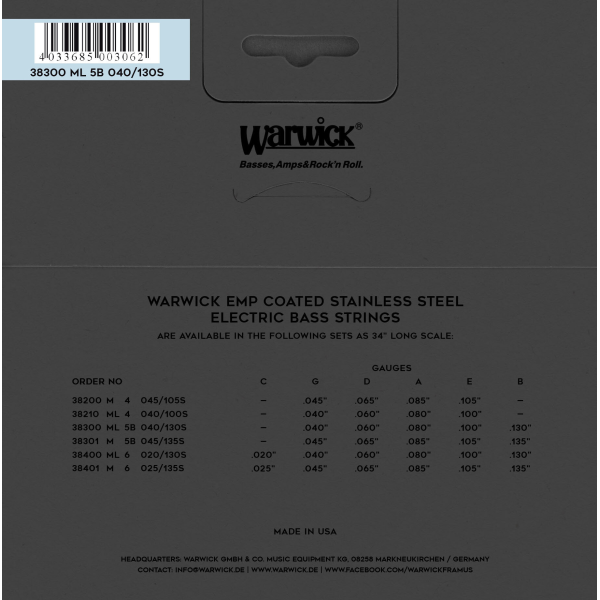 Струни для бас-гітари Warwick 38300 EMP 5-String (40-130, нержавіюча сталь, Medium Light, США)