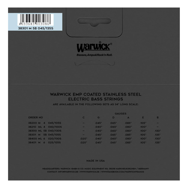 Струни для бас-гітари Warwick 38301 EMP 5-String (45-135, Medium, нержавіюча сталь, США)