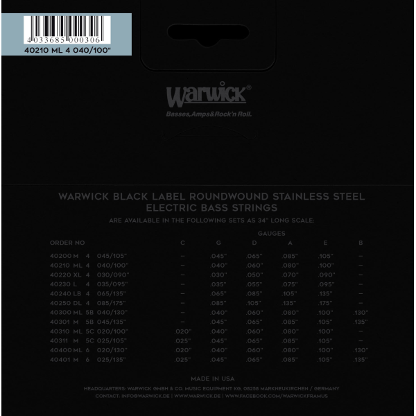 Струни для бас-гітари Warwick 40210 Black Label 4-String (40-100, Medium Light, нержавіюча сталь