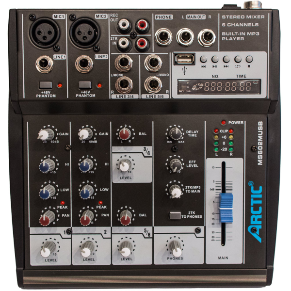 Мікшерний пульт ARCTIC MS602M USB з вбудованим медіаплеєром та фантомним живленням Мікшерний пульт ARCTIC MS602M USB з вбудованим медіаплеєром та фантомним живленням