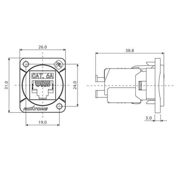Роз'єм панельний RJ45 мама Roxtone RAD-C6A-IDC-B RJ45 (CAT6a)