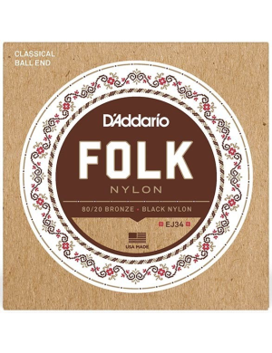 Набор струн для классической гитары DADDARIO EJ34 FOLK NYLON 80/20 Bronze Ball End Black Treble
