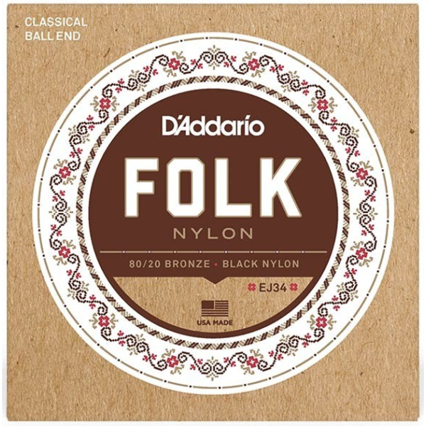 Набір струн для класичної гітари DADDARIO EJ34 FOLK NYLON 80/20 Bronze Ball End Black Treble