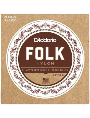 Набор струн для классической гитары DADDARIO EJ32 FOLK NYLON Ball End Silver Wound / Black Treble