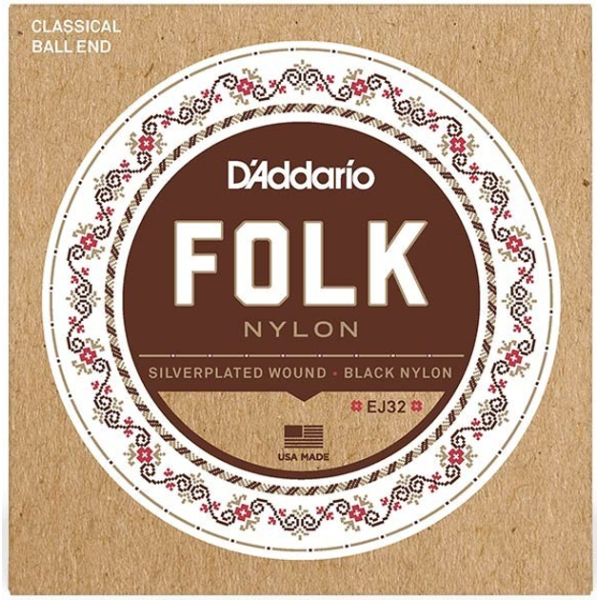 Набір струн для класичної гітари DADDARIO EJ32 FOLK NYLON Ball End Silver Wound / Black Treble
