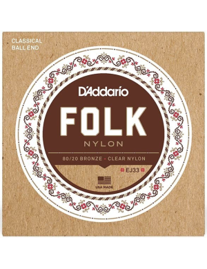 Струны для классической гитары D'Addario EJ33 FOLK NYLON 80/20 Bronze Ball End Clear Treble