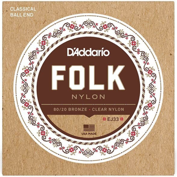 Струни для класичної гітари D'Addario EJ33 FOLK NYLON 80/20 Bronze Ball End Clear Treble