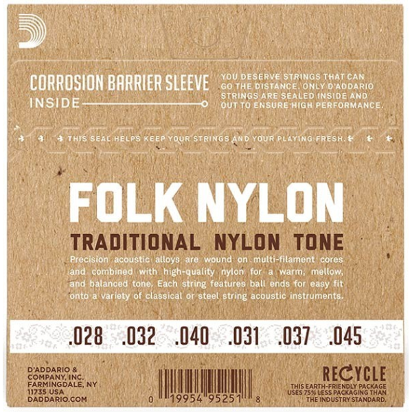 Струни для класичної гітари D'Addario EJ33 FOLK NYLON 80/20 Bronze Ball End Clear Treble