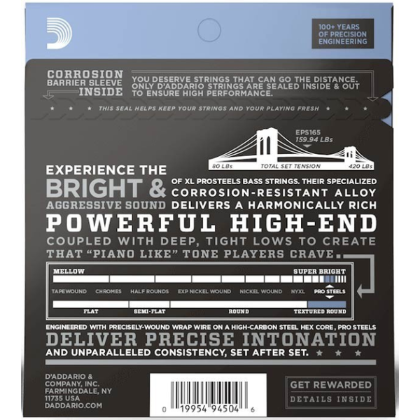 Набір струн для бас гітари DADDARIO EPS165 XL PRO STEELS REG LIGHT TOP / MED BOTTOM 45-105