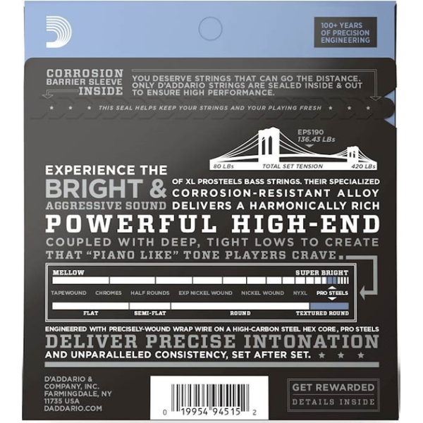 Набор струн для бас гитары DADDARIO EPS190 XL PRO STEELS CUSTOM LIGHT 40-100