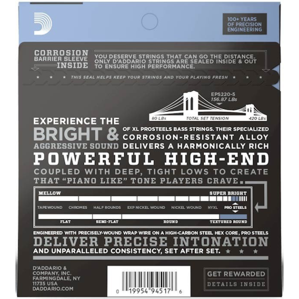 Набір струн для бас гітари DADDARIO EPS220-5 XL PRO STEELS SUPER LIGHT 5 STRING 40-125