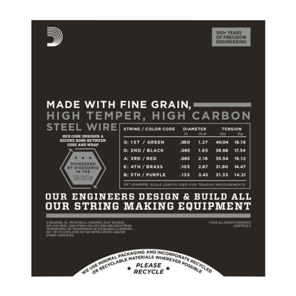 Набор струн для бас гитары DADDARIO ETB92-5 XL NYLON TAPEWOUND 5 STRING BASS 50-135