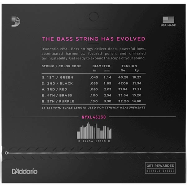 Набір струн для бас гітари DADDARIO NYXL45130 REGULAR LIGHT 5 STRING 45-130
