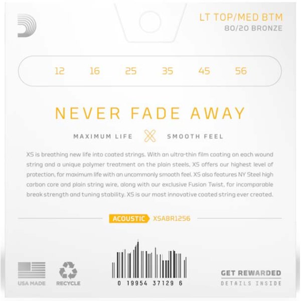 Струни для акустичної гітари D'ADDARIO XSABR1256 XS 80/20 BRONZE LIGHT TOP/MEDIUM BOTTOM (12-56)