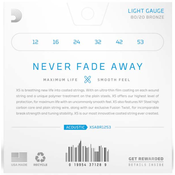 Струни для акустичної гітари D'ADDARIO XSABR1253 XS 80/20 BRONZE LIGHT (12-53)