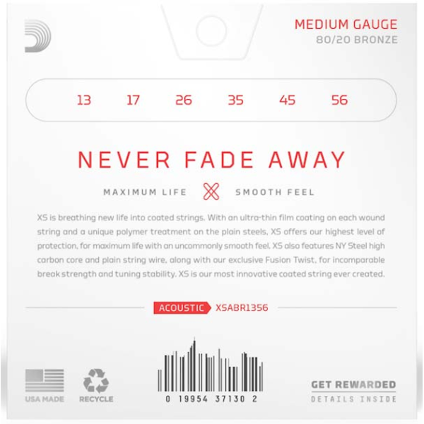 Струни для акустичної гітари D'ADDARIO XSABR1356 XS 80/20 BRONZE MEDIUM (13-56)